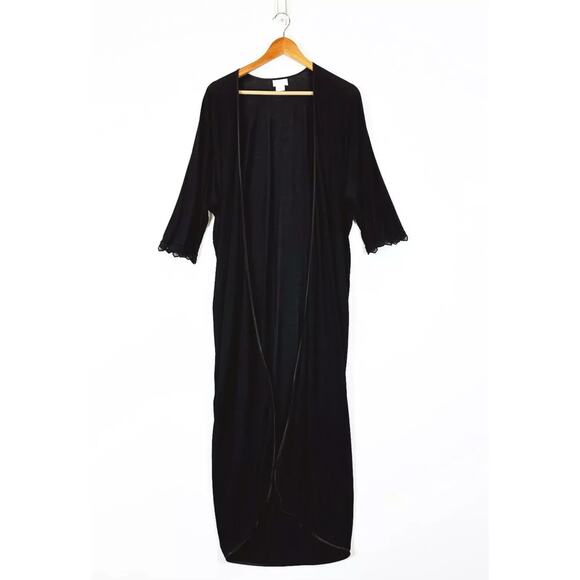 Hanro Womens Black Open Front Lightweight Robe XS Long Soft Loungewear Lace Trim - Picture 1 of 8